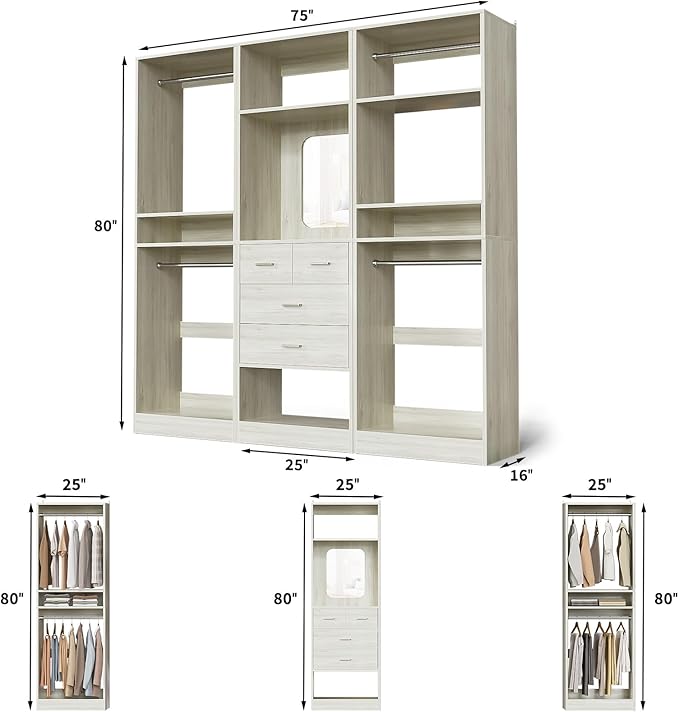 Unikito 75” Closet System with 4 Drawers, 6.3FT Wood Walk in Closet Organizer with Hanging Rods and Mirror, Reversible Large Closet Wardrobe with Shelves, Max Load 2000 LBS, White Oak