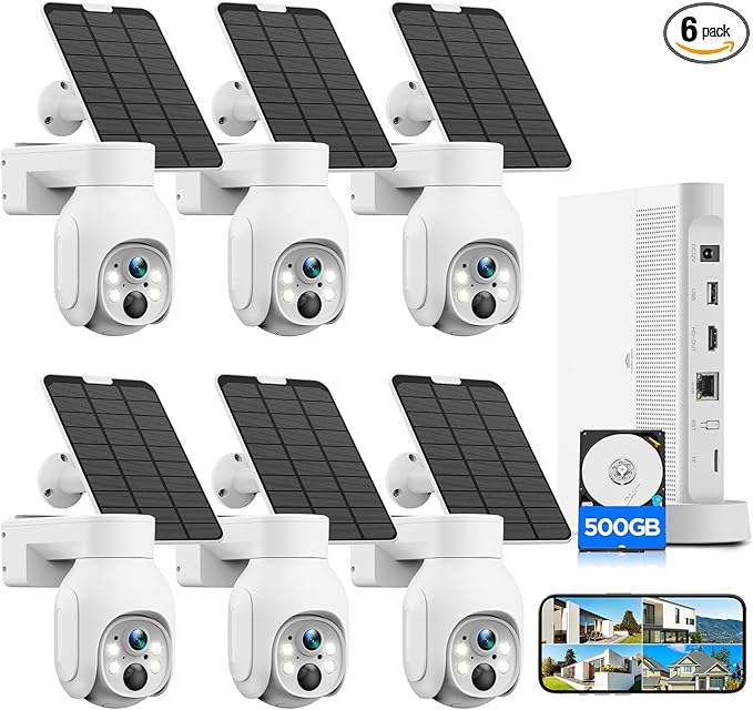 2K Solar Powered Security Cameras Wireless Outdoor, No Subscription, 6-Cam Pack, Home Security Camera System, 360° Pan & Tilt, Color Night Vision, 5G & 2.4G WiFi, 500GB HDD 10CH NVR, Motion Detection