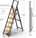 GameGem 6 Step Ladder for 12 Feet High Ceiling, Lightweight Aluminum Folding Step Stool with Convenient Handgrip, Stepladders with Anti-Slip and Wide Pedal for Home Use Space Saving - Black+Woodgrain