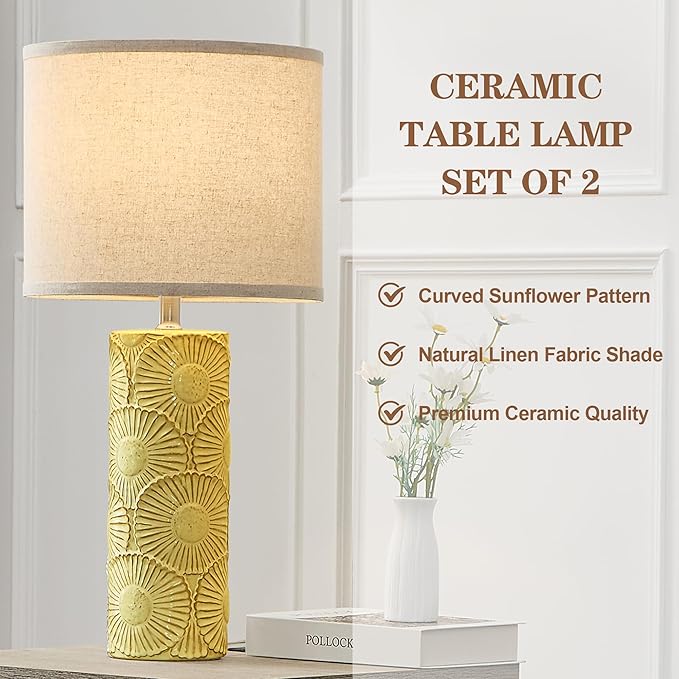 25.25" Ceramic Lamps Set of 2 for Living Room, Bedroom, Yellow Flower Table Lamps Set of 2 for Buffet, Ceramic Bedroom Lamp for Nightstand, Farmhouse Lamp for Console Table, Credenza