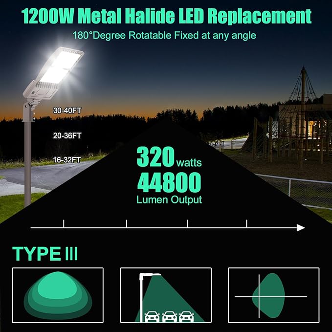 BBESTLED 320W LED Parking Lot Light with Dusk to Dawn Photocell - UL DLC Listed 44800LM IP65 5000K Slip Fit Mount Commercial Outdoor Area Street Roadway Pole Lighting 100-277VAC Input