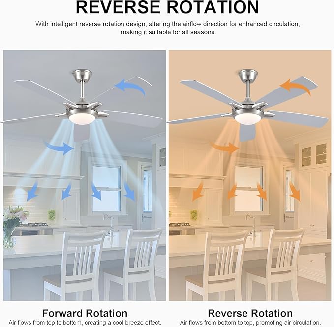 52 Inch Ceiling Fans with Lights and Remote, Modern Indoor Outdoor Ceiling Fan for Bedroom Living Room Patio Porch, 6 Speeds, Reversible Quiet Motor, Dual Finish Wooden Blades, Nickel