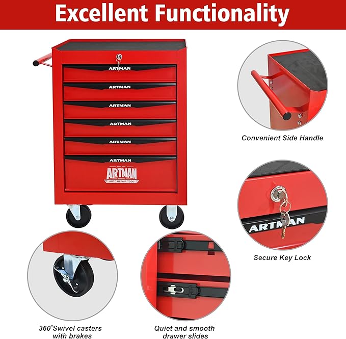 6 Drawers Rolling Tool Box on Wheels, Multifunctional Tool Chest Cabinet with Lock, Drawers Rolling Tool Cart Trolley Organizer Tool Storage Case for Warehouse,Garage,Workshop (Red)
