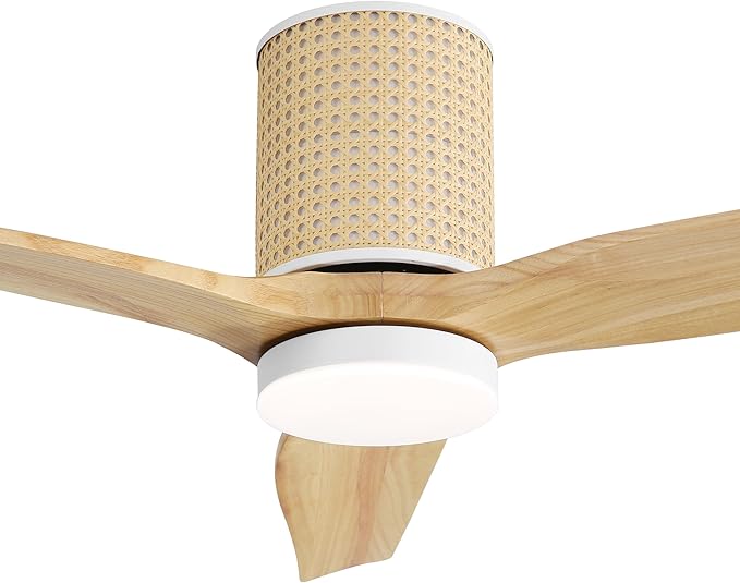 52" Ceiling Fan with Light - Low Profile Flush Mount Ceiling Fan, 6-Speed Remote Control, Solid Wood, Quiet Reversible DC Motor, Wood/White Finish, for Bedroom, Living Room, Porch