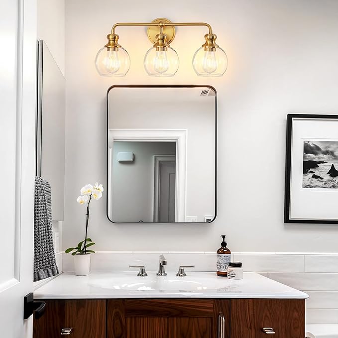 Gold 3-Light Bathroom Vanity Fixture with Clear Glass Shades Modern Wall Lamp Suitable for Bathrooms, Dressing Rooms