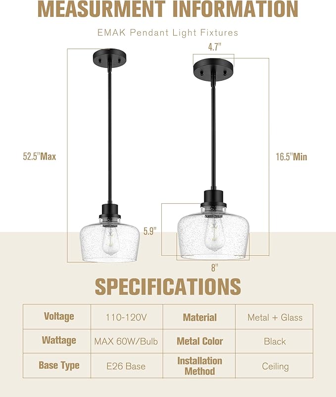 Emak Modern Farmhouse Pendant Lights Kitchen Island, Black Pendant Light Fixtures with Seeded Glass Shade, 8 Inch Hanging Lights for Kitchen Island, Bathroom, Bedroom, PL122-BK