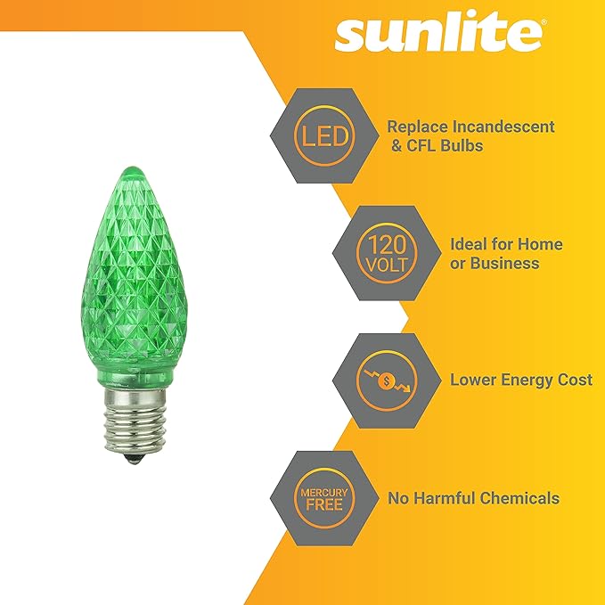 Sunlite 80706 LED C9, Holiday Decorative Light Bulb, 0.4 Watts, E17 Intermediate Base, Faceted Christmas-Lights; Nightlight, Green, 6 Count