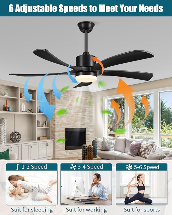 60 Inch Ceiling Fans with Lights Remote, Black Ceiling Fan Light Outdoor Indoor, USA Original Patent, ETL Listed, Timer, 5 Solid Wood Blades, 6 Speed Noiseless DC Motor Fans for Patios, 60in Black