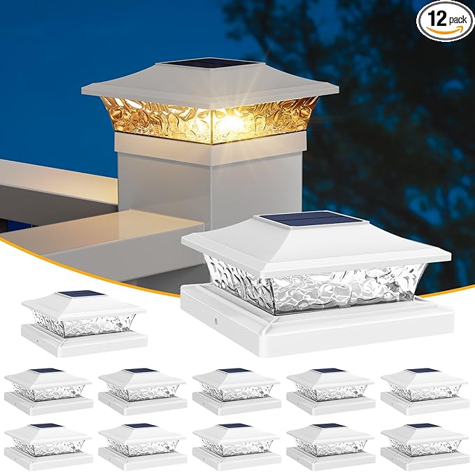 APONUO Deck Post Lights Solar Powered 12 Pack, Waterproof Outdoor LED Deck Lights for 4x4, 5x5, 6x6 Fence Posts, Warm/Cool White Light, All-Night Lighting, Auto On/Off, Patio Garden Yard Decor