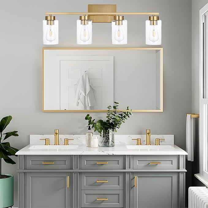 4 Light Bathroom Vanity Light Fixtures, Brushed Brass Modern Wall Lights with Clear Glass Shade, Vintage Wall Sconce Lighting for Living Room, Mirror, Bedroom, Hallway (Gold, 4-Lights)
