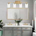 4 Light Bathroom Vanity Light Fixtures, Brushed Brass Modern Wall Lights with Clear Glass Shade, Vintage Wall Sconce Lighting for Living Room, Mirror, Bedroom, Hallway (Gold, 4-Lights)