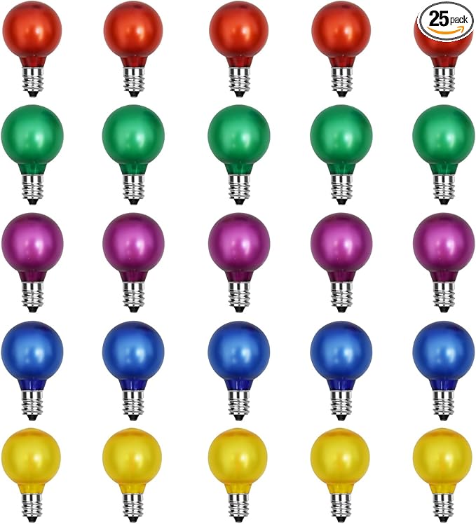 25 Pack G40 Colored LED Bulbs, Frosted Multicolor Globe Replacement Bulbs, 0.6 Watt E12 C7 Candelabra Base LED Bulbs for Outdoor Christmas String Lights, 2700K Warm White- Frosted Multicolor