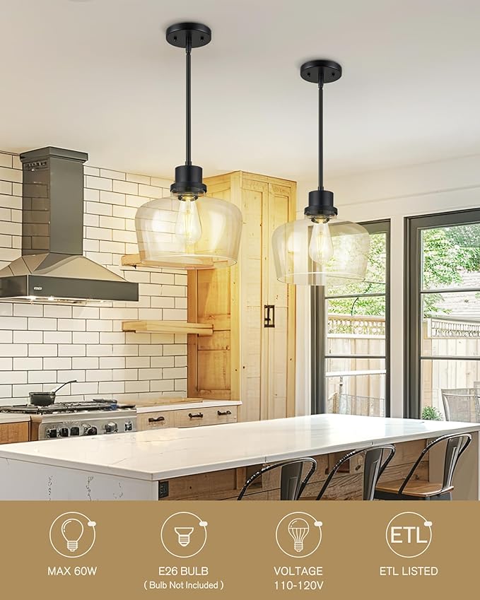 Emak Black Pendant Light Fixtures, Modern 10 Inch Clear Glass Pendant Lights Kitchen Island, Farmhouse Large Kitchen Island Lighting, PL126-BK-CG