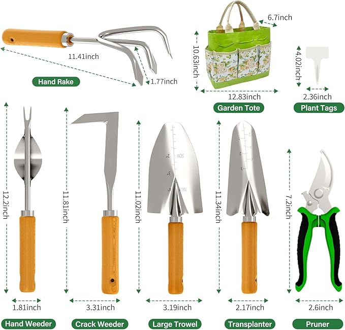 Gardening Tools 20-Piece Heavy Duty Garden Hand Tools Stainless Steel Ergonomic Rust-Proof Garden Tool Set - with Fashion and Durable Garden Tools Storage Bag - Ideal Gardening Gifts for Women