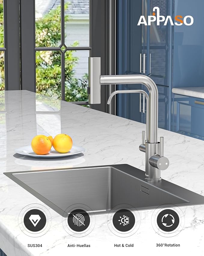 APPASO Waterfall Kitchen Faucet with Water Filter, 2 Handle Kitchen Sink Faucet, Brushed Nickel Kitchen Faucet with Pull Down Sprayer - 3 in 1 Kitchen Sink Faucet (Without Water Filtration Device)