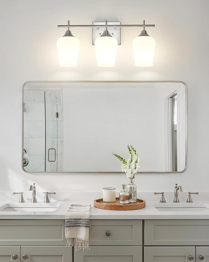 3 Light Bathroom Light Fixtures Over Mirror, 21 Inch Brushed Nickel Bathroom Vanity Lights, Modern Bath Wall Sconces with Frosted Glass Shade, OS-YQ9167-3BNW