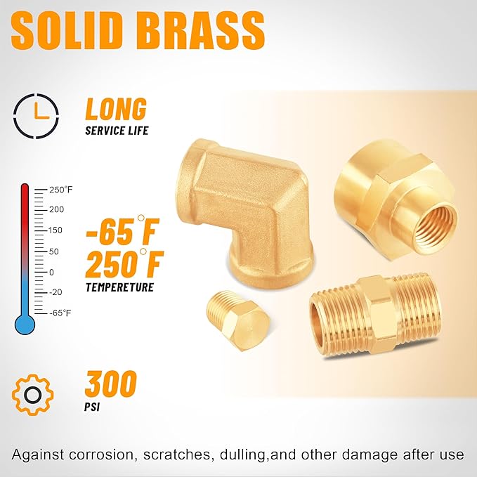 98PCS Brass Pipe Fittings Assortment Kit NPT Adapter,Reducer Bushing, Hex Nipple, Reducing Hex Coupling,Hex Head Plugs,90 Degree Street Elbow,Street Tee Fittings Kits