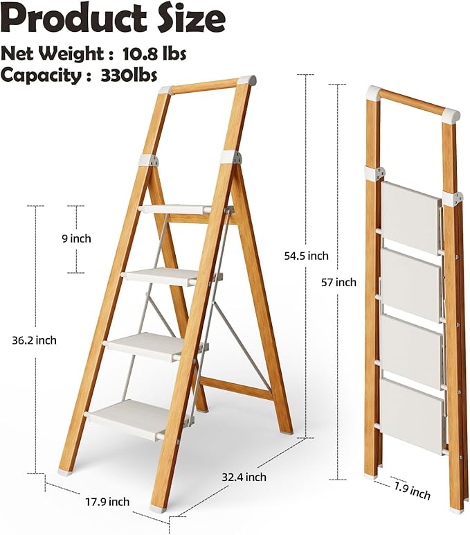 Taranta 4 Step Ladder, Portable Folding Ladder with Wide Pedal, Lightweight Aluminum Step Stool with Convenient Handgrip, 330 lbs Capacity Stepladder for Home, Office - White Woodgrain
