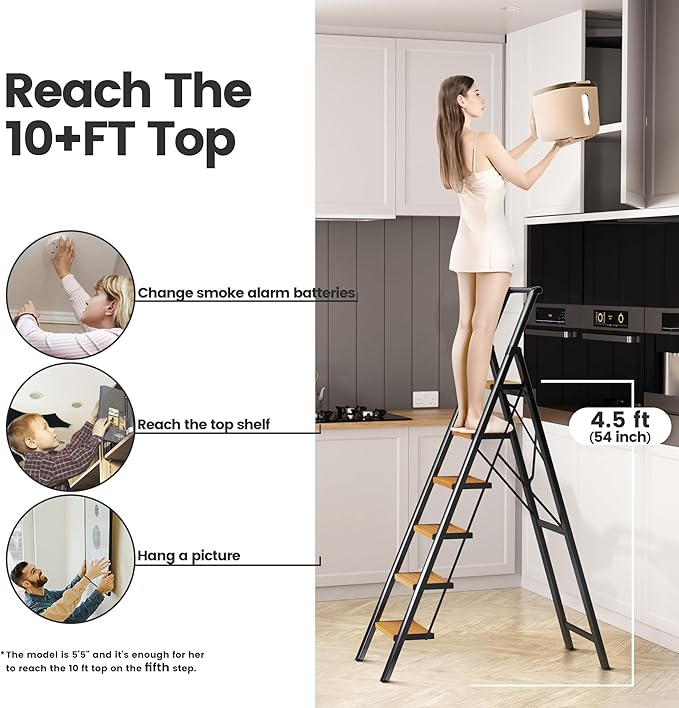 6 Step Ladder for 12 Ft High Ceiling, Folding Step Stool with Handgrip & Anti-Slip Wide Pedal, Portable Aluminum Stepladder for Kitchen, Home (300 lbs Capacity) - Black+Wood Grain