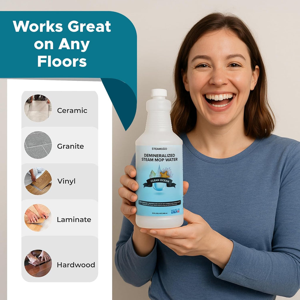 Steam & Go Demineralized Water - Multisurface Cleaner, PVC-Free Ready-to-Use for Mops & Floor Steamers - Ideal for Kitchen, Bathroom, & Home Surfaces - Clean Ocean Scent - 32oz (Pack of 18)