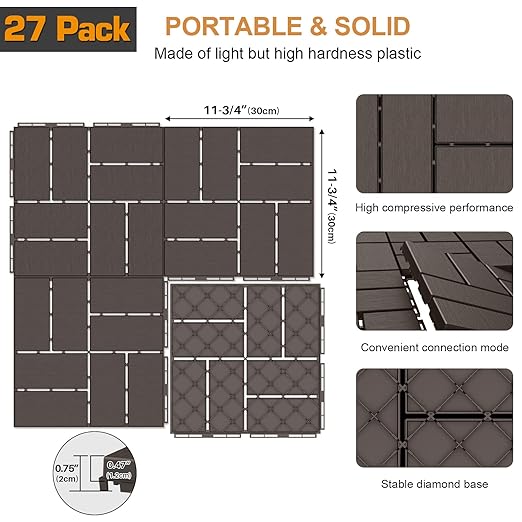 Goovilla Plastic Interlocking Deck Tiles, 27 Pack Outdoor Patio Flooring, 12"x12" Interlocking Decking Tile Outdoor All Weather Use, Waterproof Patio Paver for Pool Balcony Backyard Porch, Dark Coffee