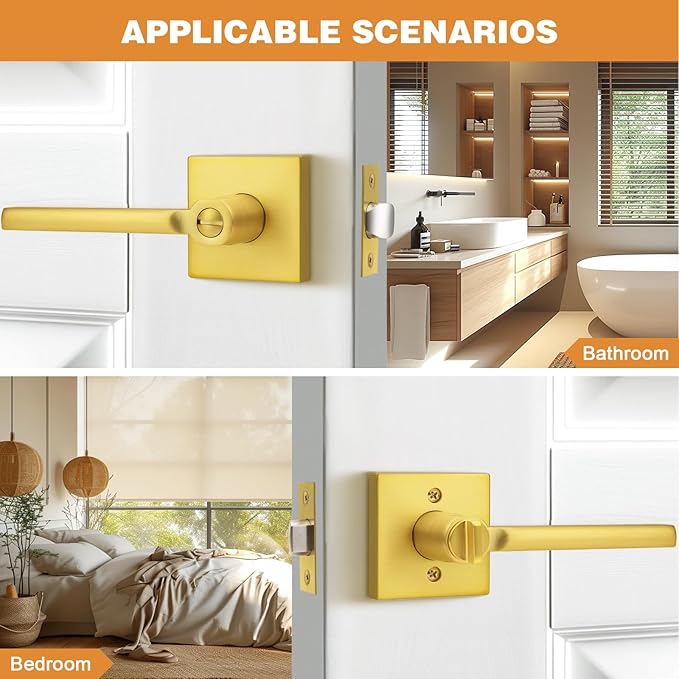 Probrico Gold Privacy Door Handle Lockset Heavy Duty Square Satin Brass Interior Door Lever for Bedroom or Bathroom Reversible Keyless Handleset Door Knob Slim Handed Levers, 3 Pack