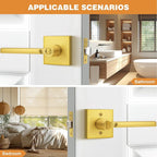 Probrico Gold Privacy Door Handle Lockset Heavy Duty Square Satin Brass Interior Door Lever for Bedroom or Bathroom Reversible Keyless Handleset Door Knob Slim Handed Levers, 2 Pack