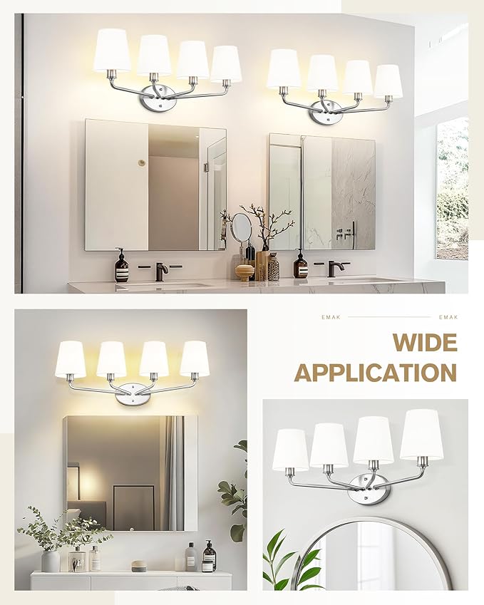 Emak 29 Inch Brushed Nickel Vanity Light, 4-Light Bathroom Light Fixtures with Flared White Fabric Shade, Modern Vanity Lights for Bathroom, Mirror, VL132-BN-WF-4