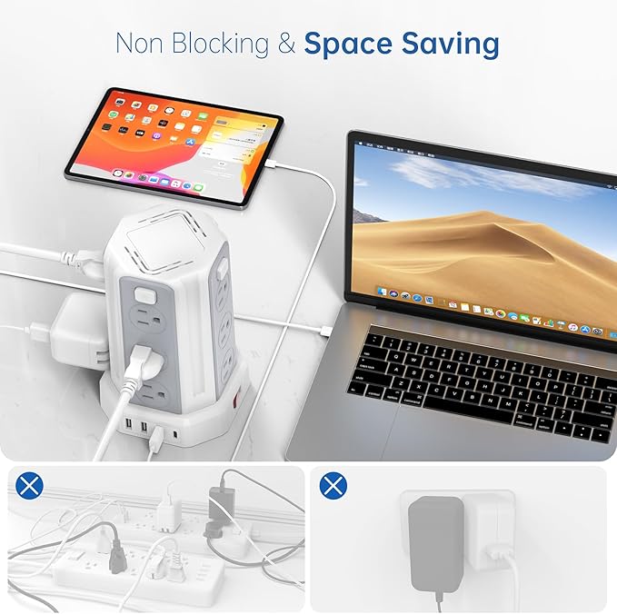 Power Strip Surge Protector, 10 Ft Extension Cord with 12 AC Multiple Outlets 4 USB (1 USB C), SMALLRT Power Tower Desktop Charging Station (White, 16.4 FT)