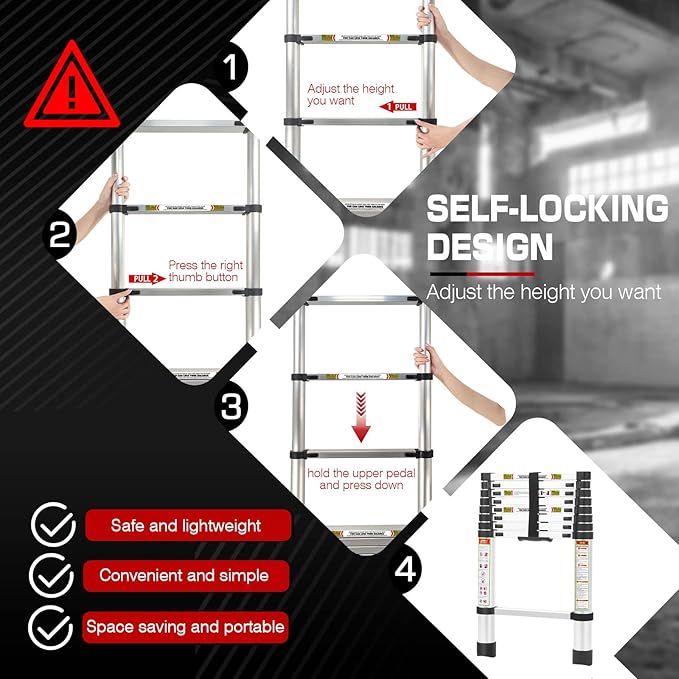 RIKADE Telescoping Ladder 12.5FT & Attic Ladder, Heavy Duty Aluminum with Non-Slip Feet, 330lb Capacity for RV, Attic, Roof & Multi-Surface Use