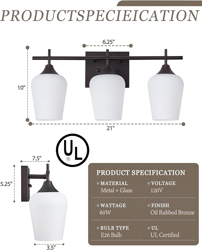 3-Light Bathroom Lighting Fixtures Over Mirror, 21" Oil Rubbed Bronze Vanity Lights Farmhouse Bath Wall Sconce with Milk Glass for Bath, OS-YQ9167-3AW