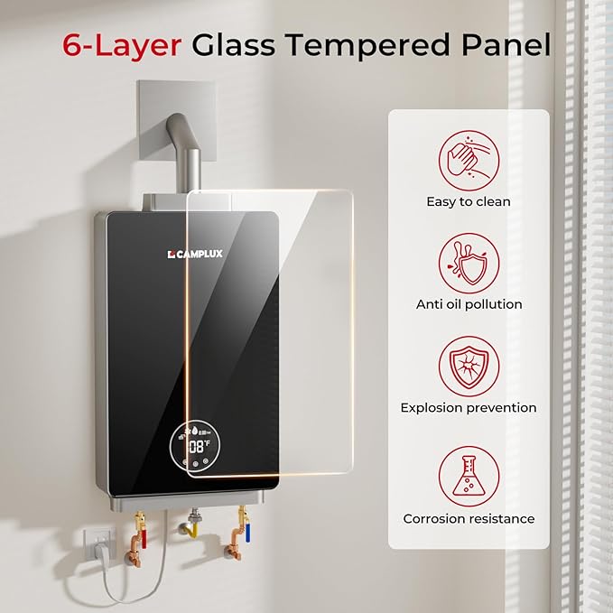 CAMPLUX Propane Tankless Water Heater, Instant Hot Water Heater, 3.18 GPM On Demand, Propane, Indoor, Black