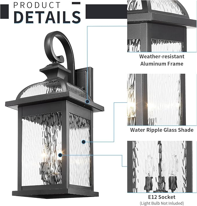 Darkaway Outdoor Lights Fixtures Wall Mount, Extra Large 26inch Outdoor Wall Sconce Lights with Water Ripple Glass for House Front Porch Patio Garage E12 Bulb Base