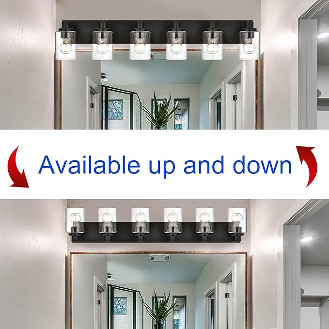 6 Light Bathroom Vanity Lights, Bathroom Lighting Fixtures over Mirror with Clear Glass Shades, Black Vanity Light For Bathoom, Modern Wall Sconces Vanity Lighting Fixture for Bathroom Hallway