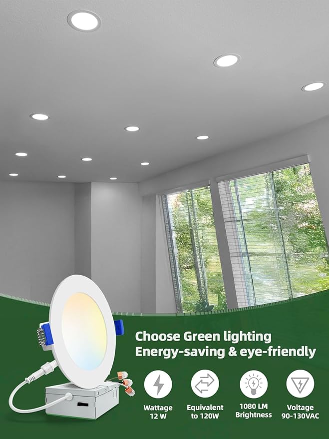 zouzai 1 Pack 6 Inch 5CCT Ultra-Thin LED Recessed Ceiling Light with Junction Box, 2700K/3000K/3500K/4000K/5000K Selectable, 12W Eqv 110W,Dimmable, led can Lights- ETL and Energy Star Certified