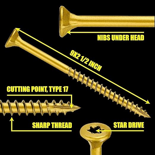 #9 x 2 1/2" Wood Screws by Grindy (300 Pack/2.6LBS) – Self-Drilling Deck Screws I Rust Resistant I Quick Drive & Fast Grip I for Cabinet, Furniture & Other Projects I Bit Included