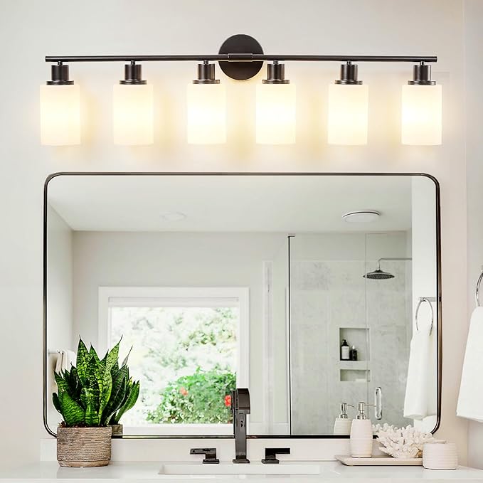 DLLT 6-Light Bathroom Light Fixtures: Black Modern Vanity Lights with E26 Bulbs - Milky White Glass Shade Bathroom Wall Lamp for Mirror Kitchen Living Room Hallway Cabinet Porch