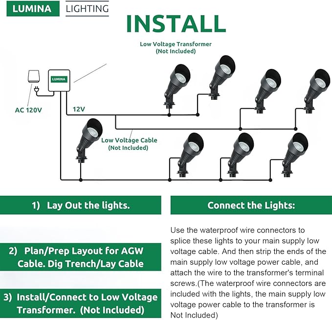 Lumina Lighting® 4W Landscape Lighting 12V Landscape Lights Low Voltage Landscape Spotlights Warm White Waterproof Outdoor Replaceable LED Bulb for Garden, Lawn, Porch, Patio and Yard (Black, 6-Pack)