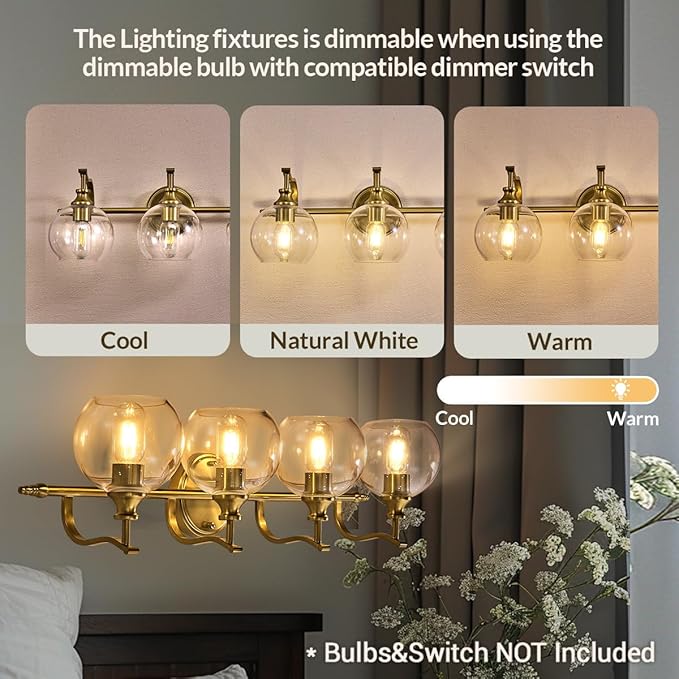ANDY STAR Brass Vanity Light, Gold Bathroom Light Fixtures 4 Lights, 27.8 Inch Vintage Bathroom Sconces, Brushed Brass Vanity Lighting with Globe Clear Glass Shade, E26 Base (Bulbs Not Included)