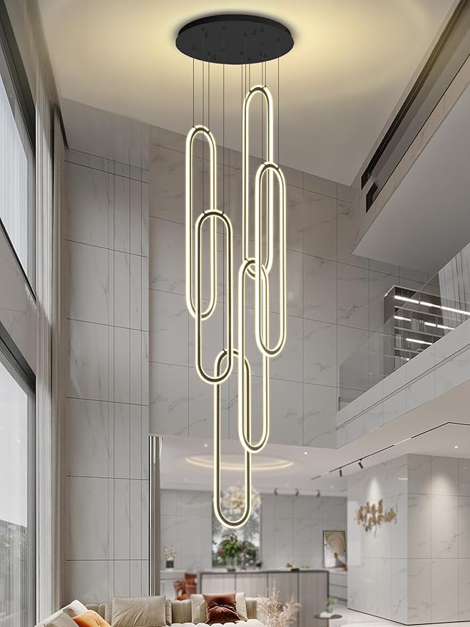 Flashing God H138 Modern Chandelier 6-Rings Large Chandelier for High Ceiling Led Dimmable Ring Pendant Lighting Black Contemporary Chandeliers for Villa Foyer Entrance Living Room