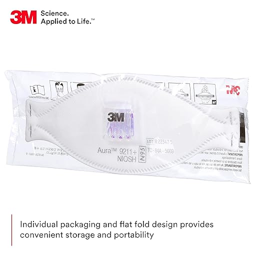 3M Aura Particulate Respirator 9211+, N95, Pack of 10 Disposable Respirators, Individually Wrapped, Cool Flow Valve, Flat Fold Design Allows for Facial Movement, NIOSH Approved, Comfort Plus, Dust