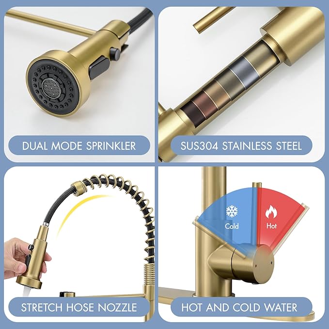 AIMADI Gold Kitchen Faucet with Pull Down Sprayer,Commercial Single Handle Brushed Gold Kitchen Sink Faucet with Deck Plate