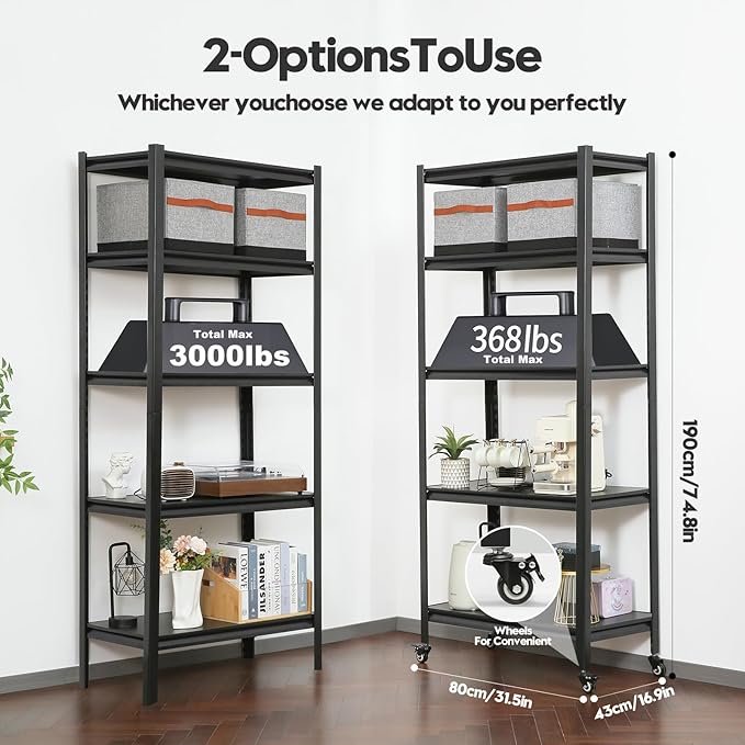 Kitchen Shelving with Lockable Wheels - 5-Tier Space-Saving Metal Shelves 72" H X 31.5" W X 17" D, Heavy Duty Adjustable Storage Shelf for Living Room/Home Office/Pantry