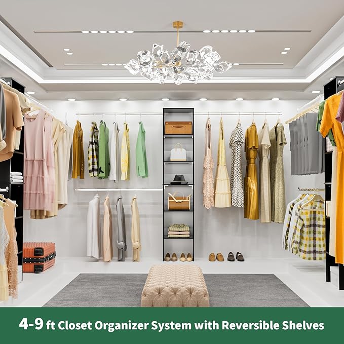 Closet System, 17" Wide Closet Organizer System with 3 Hanging Rods, Wood Tower Closet Storage for Walk In Closets, Wall Mounted Wardrobe Organizer Kit, Bedroom, Fits Spaces 5-9 ft, Black