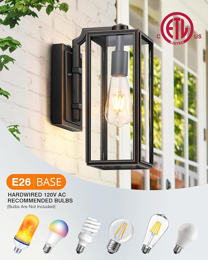 VIANIS Outdoor Wall Lights Dusk to Dawn, Large Exterior Light Fixture Wall Mount for House Front Porch Light, Black Anti-Rust Modern Outside Wall Sconces with Tempered Glass Shade for Garage