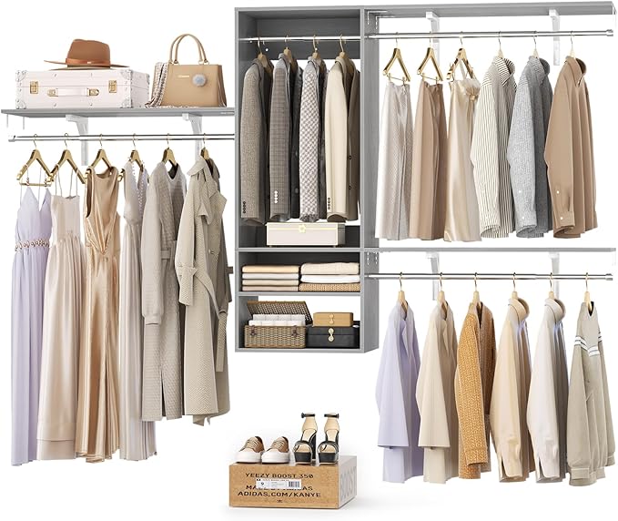 Cyclysio 96 Inch Closet Organizers and Storage, 8 FT Hanging Closet Organizer with 4 Adjustable Rods, Wardrobe Organizers with 3 Shelving Towers for 4-8FT Spaces(Cut-to-Fit), Gray