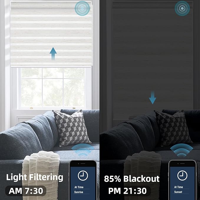 SmartWings Motorized Zebra Shades Work with HomeKit, Alexa, Google Home, 85% Blackout Light Filtering Day Night Sheer Blinds, Privacy Light Control, for Home/Office, Customized, Linen White