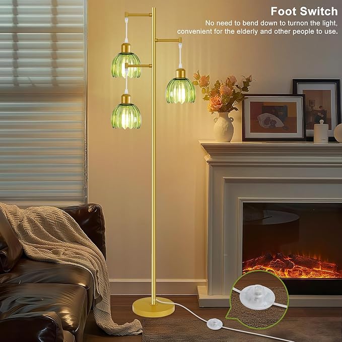 Glass Floor Lamps for Living Room, 3 Lights Mid Century Modern Standing Lamp with Foot Switch, Retro Gold Floor Lamp with Green Glass Shade, Vintage Tree Tall Lamps with Bulb for Bedroom Office