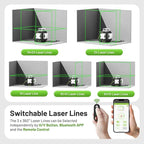 Huepar Laser Level, Self Leveling 12 Lines Cross Line Laser with LCD Screen 3 x 360° Bluetooth Connected Green Beam Laser Tool, 3D Horizontal & Vertical Laser Line -Remote Control&Rechargeable Battery