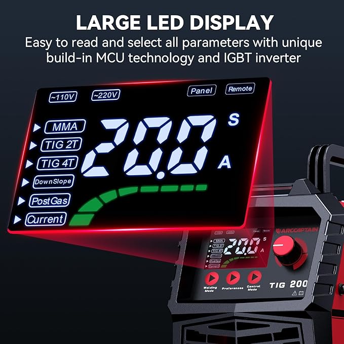 ARCCAPTAIN TIG Welder 200A, High Frequency 110v/220v Dual Voltage TIG/Stick/Arc 2 in 1 Welder LED Digital Display Welding Machine with 2T/4T Function and Tungsten Electrode